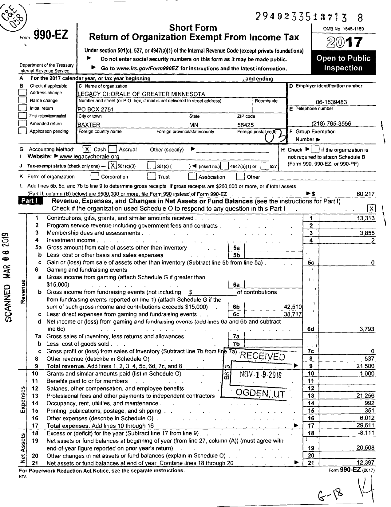 Image of first page of 2017 Form 990EZ for Legacy Chorale of Greater Minnesota