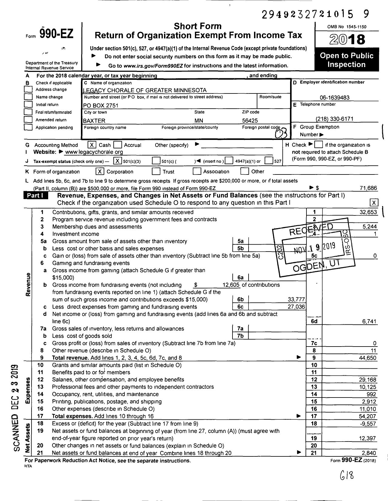 Image of first page of 2018 Form 990EZ for Legacy Chorale of Greater Minnesota