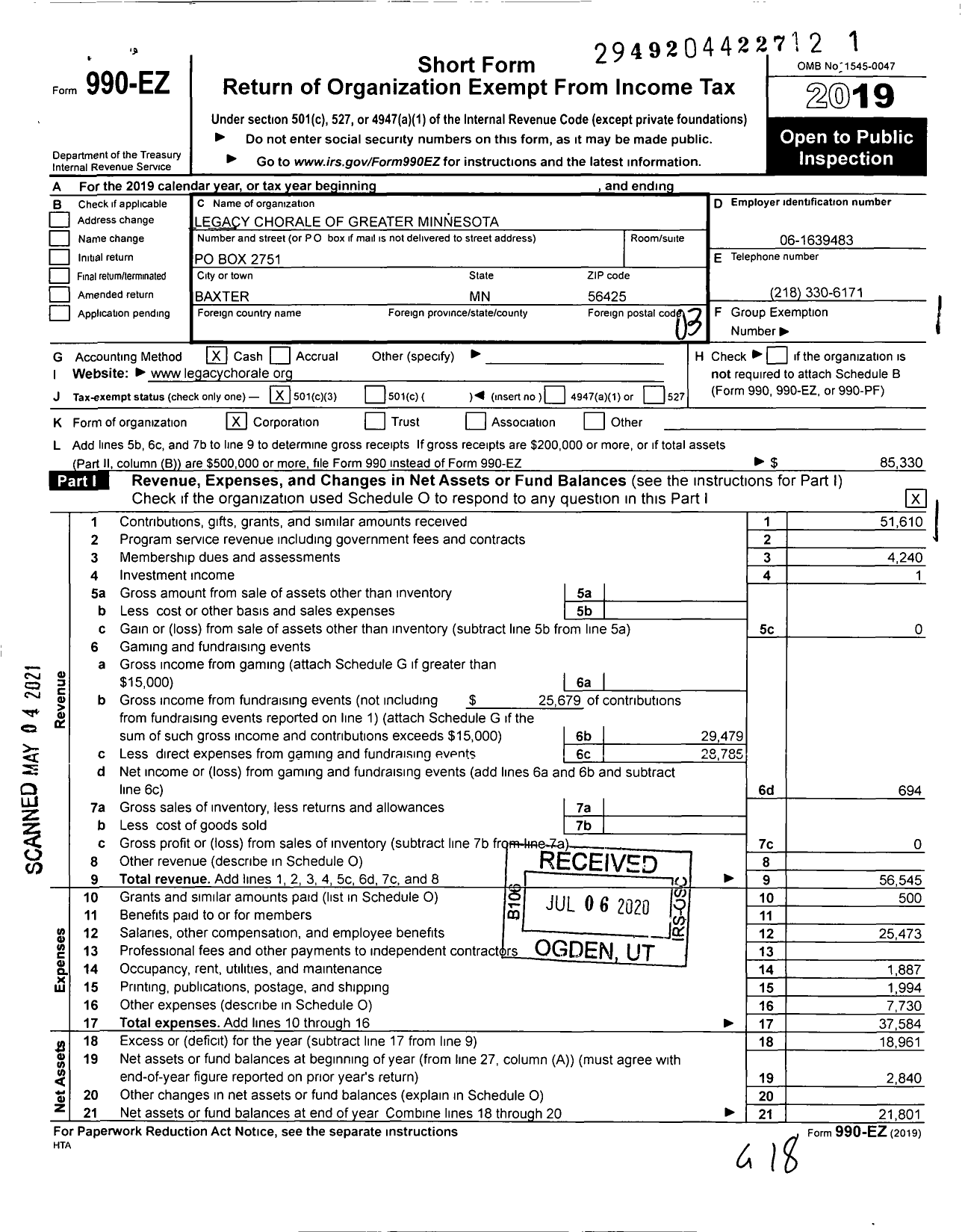 Image of first page of 2019 Form 990EZ for Legacy Chorale of Greater Minnesota