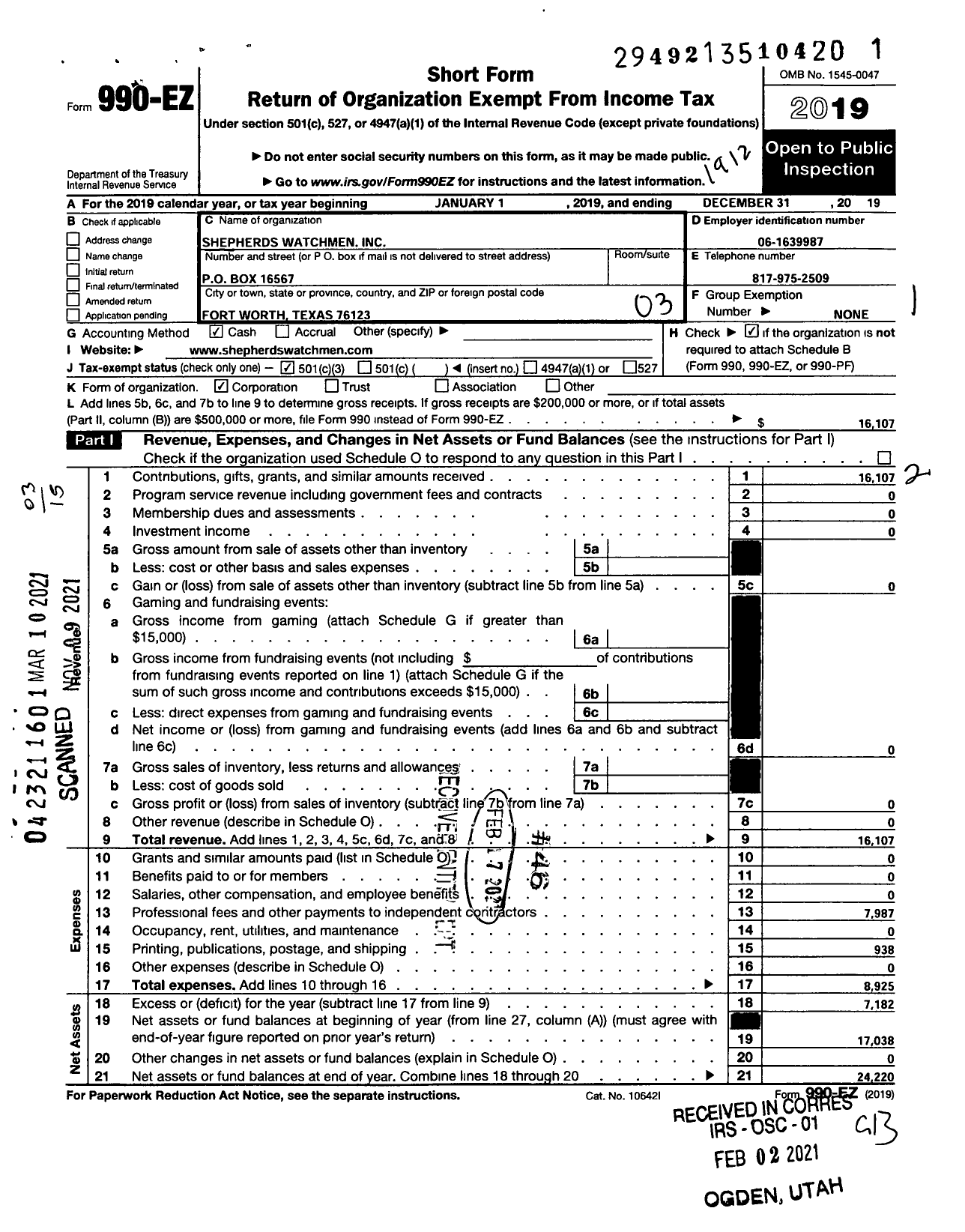 Image of first page of 2019 Form 990EZ for Shepherds Watchmen