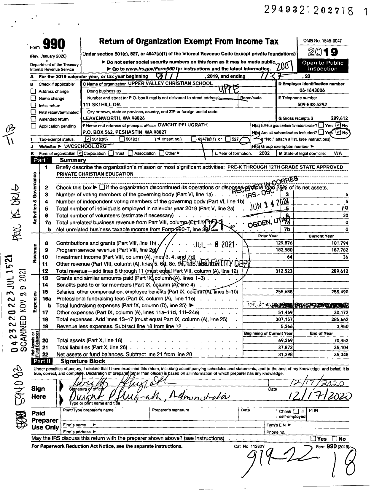 Image of first page of 2019 Form 990 for Upper Valley Christian School