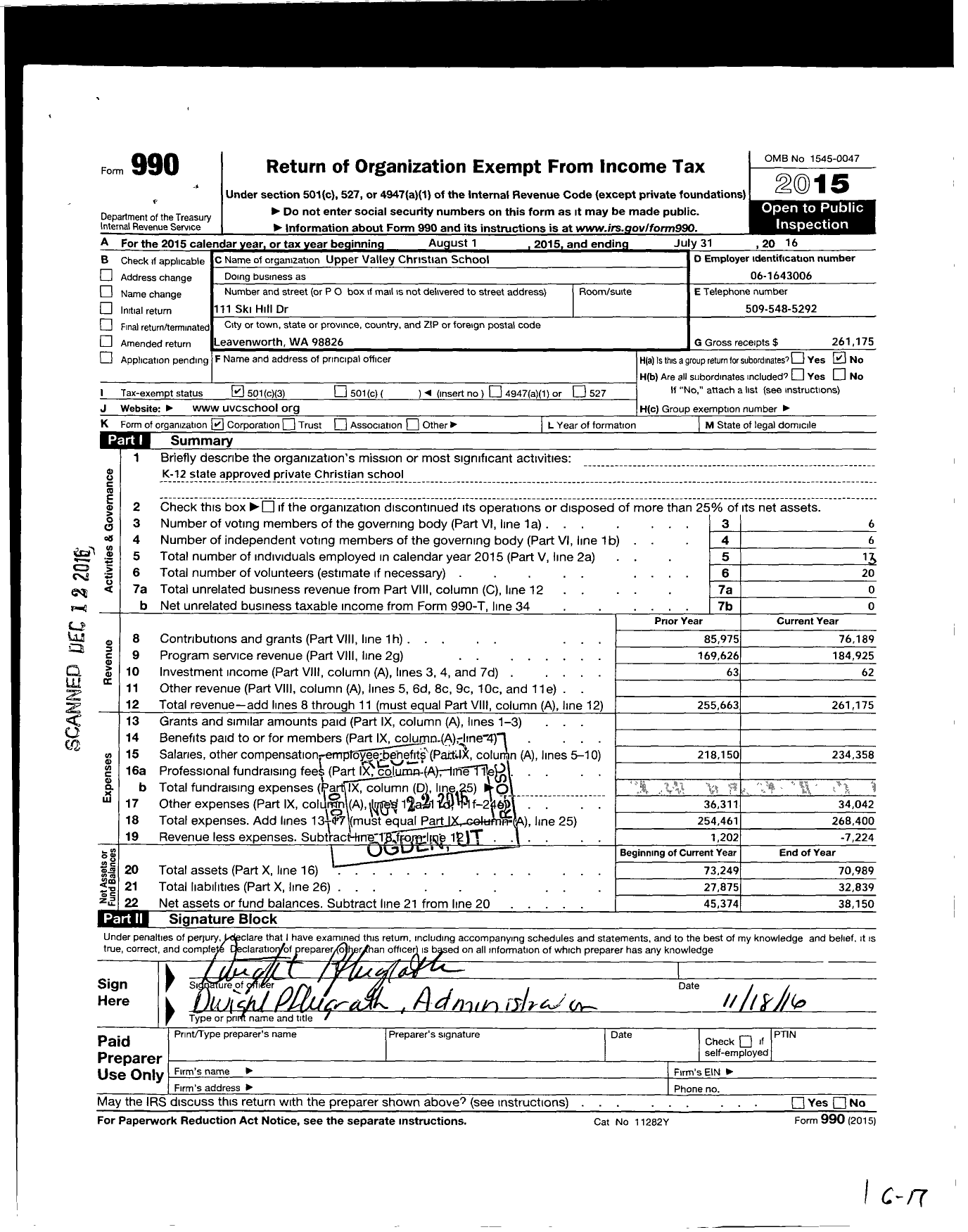 Image of first page of 2015 Form 990 for Upper Valley Christian School