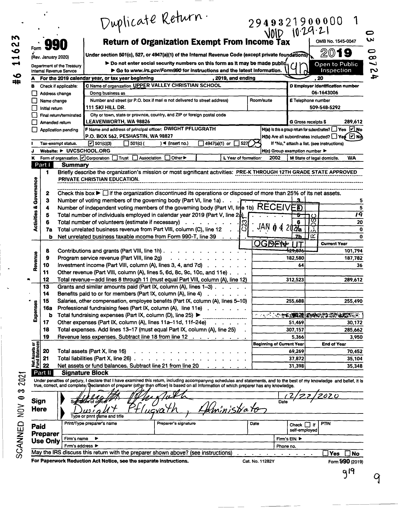 Image of first page of 2019 Form 990 for Upper Valley Christian School