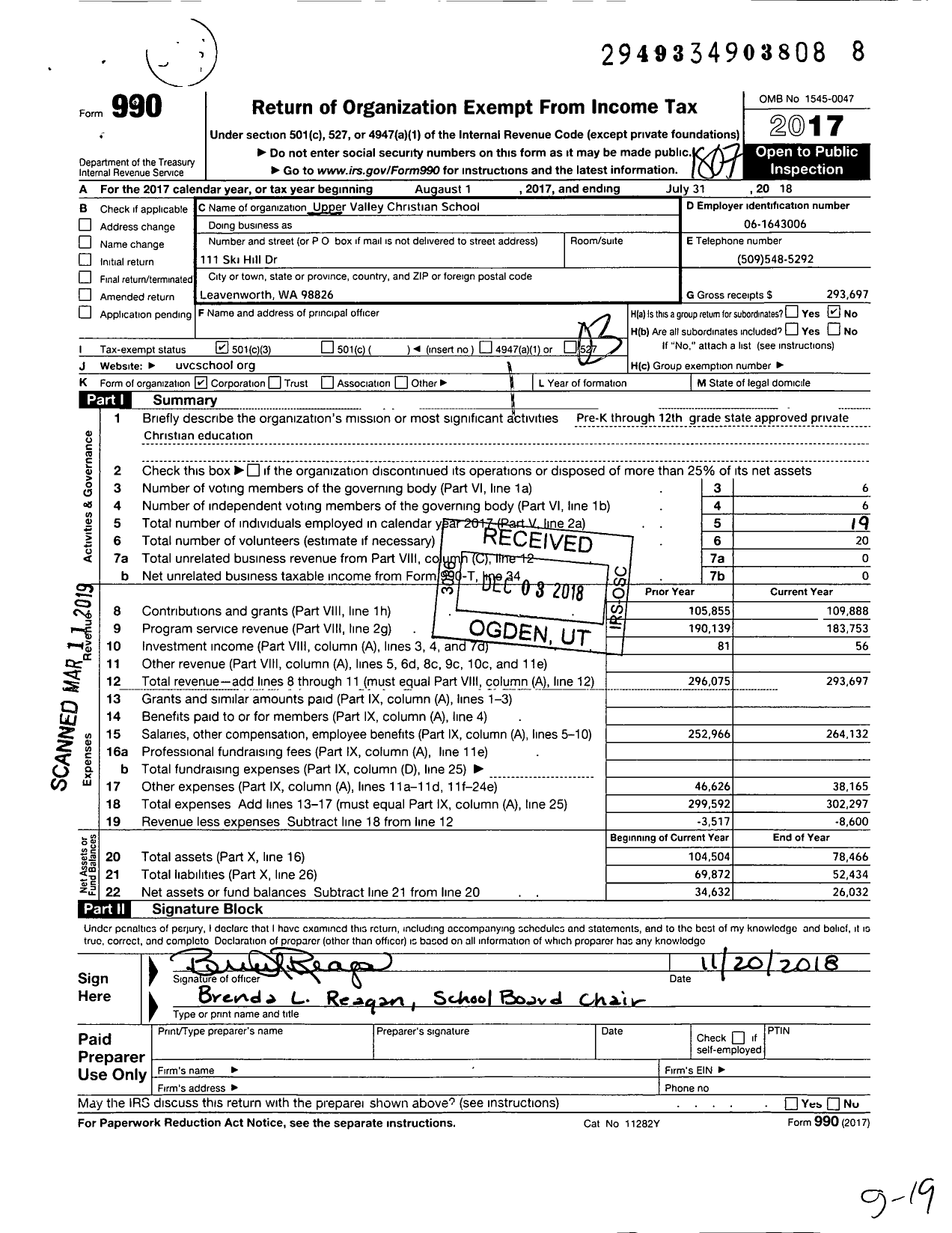 Image of first page of 2017 Form 990 for Upper Valley Christian School