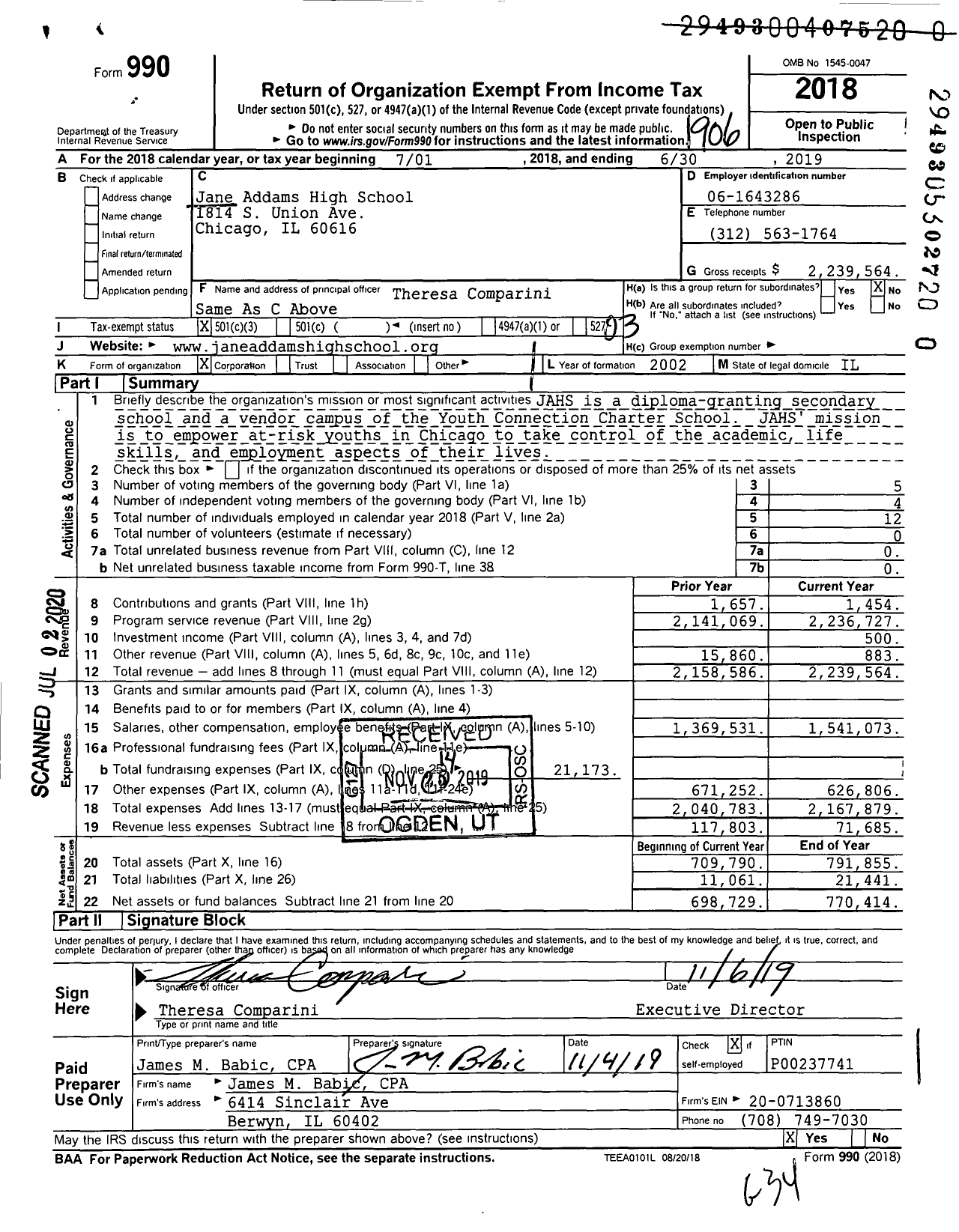 Image of first page of 2018 Form 990 for Jane Addams High School (JAHS)