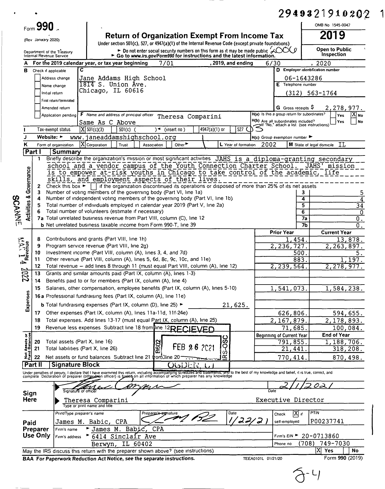 Image of first page of 2019 Form 990 for Jane Addams High School (JAHS)