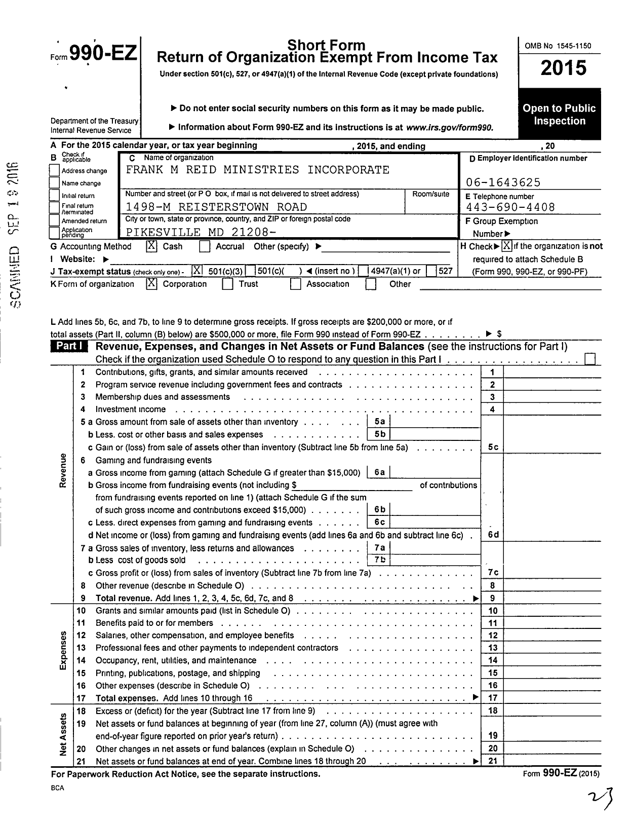 Image of first page of 2015 Form 990EZ for Frank M Reid Ministries Incorporated