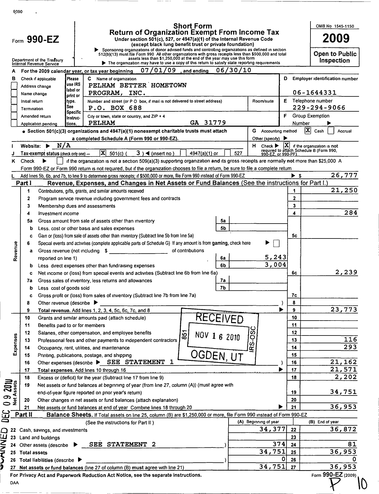 Image of first page of 2009 Form 990EZ for Pelham Main Street Program