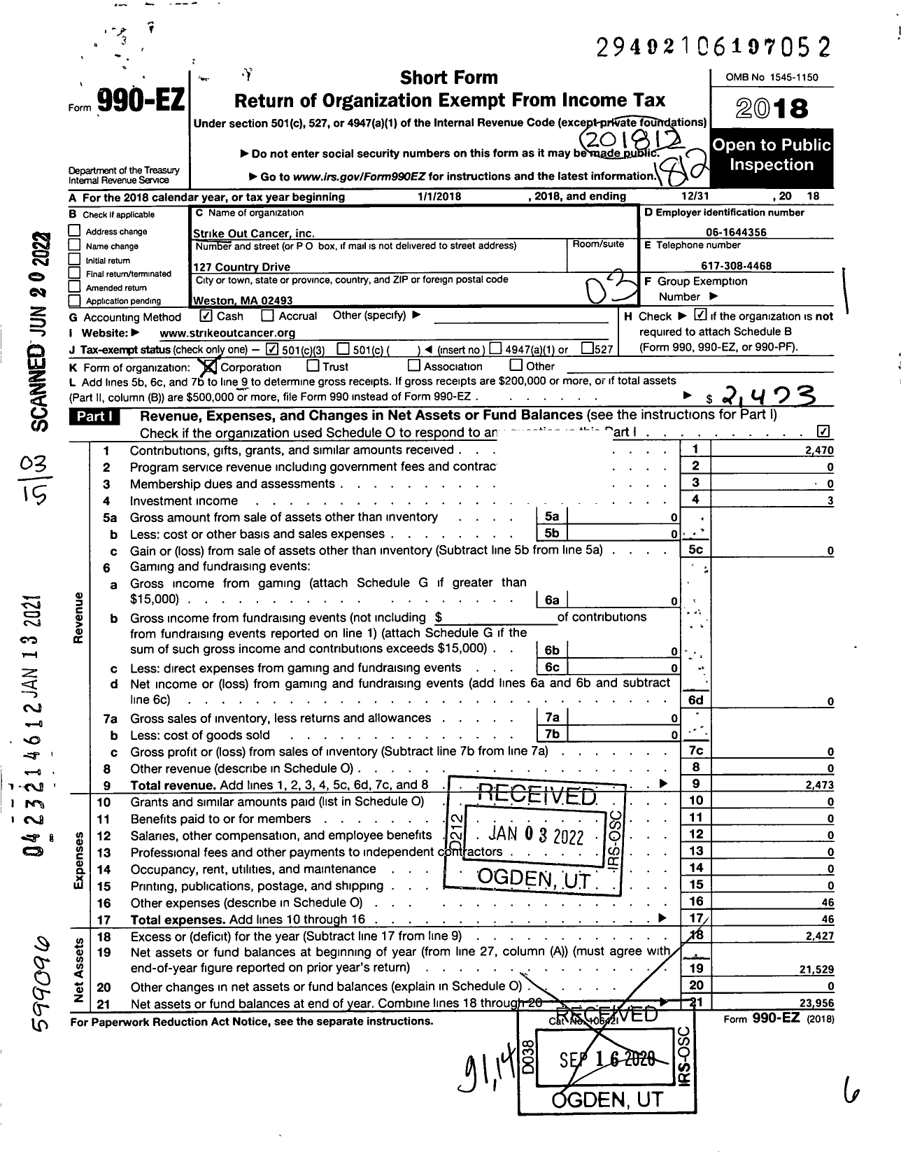 Image of first page of 2018 Form 990EZ for Strike Out Cancer