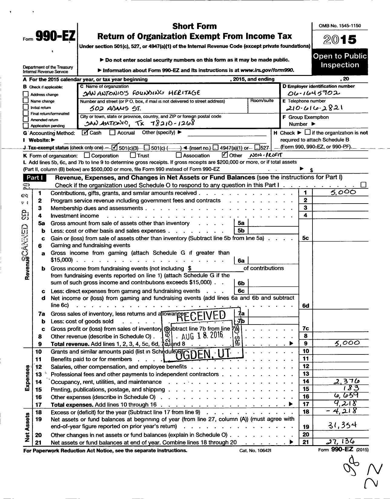 Image of first page of 2015 Form 990EZ for San Antonios Founding Heritage