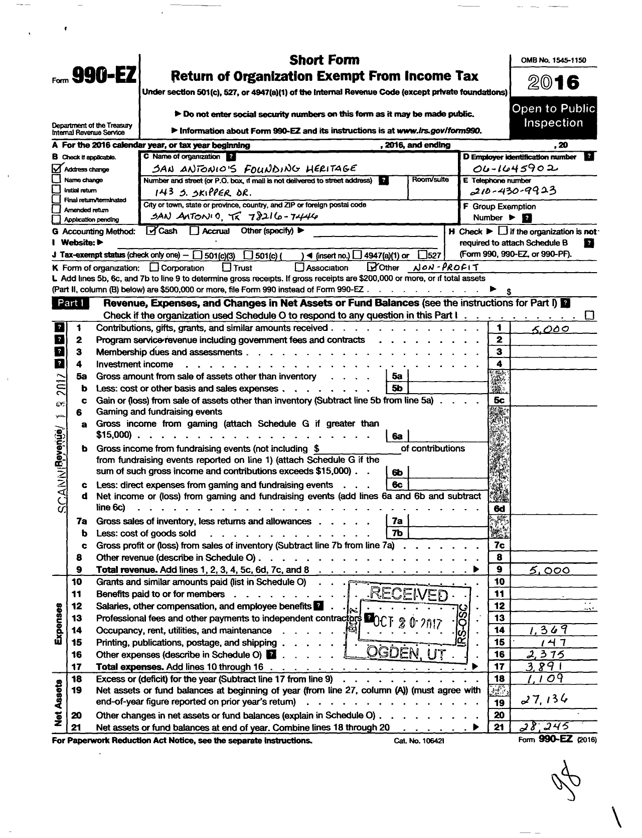 Image of first page of 2016 Form 990EO for San Antonios Founding Heritage