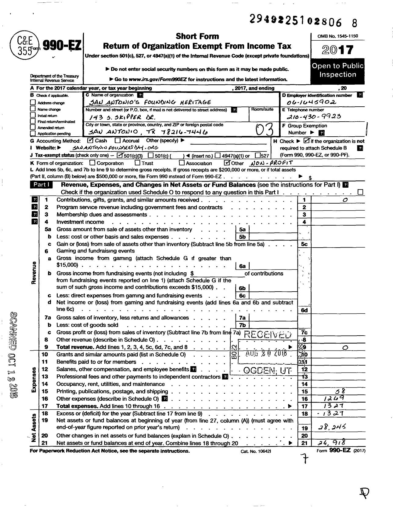 Image of first page of 2017 Form 990EZ for San Antonios Founding Heritage