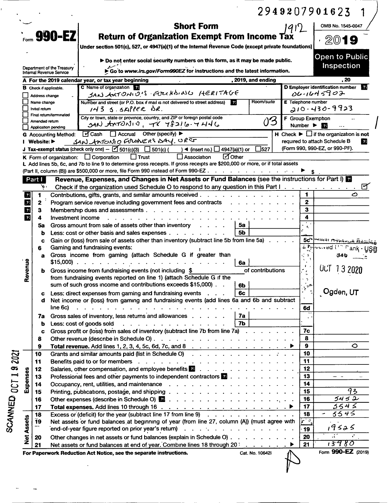 Image of first page of 2019 Form 990EZ for San Antonios Founding Heritage