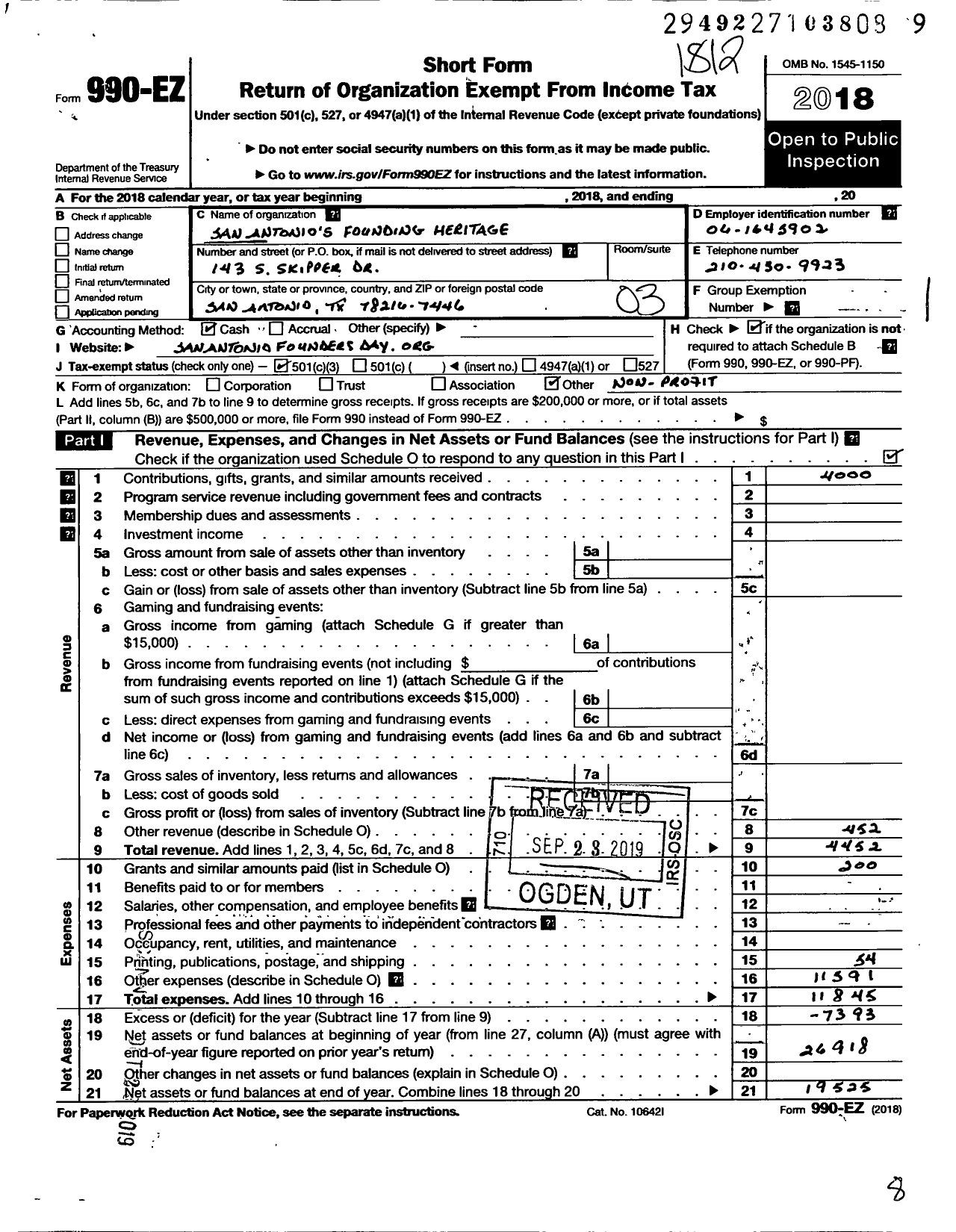 Image of first page of 2018 Form 990EZ for San Antonios Founding Heritage