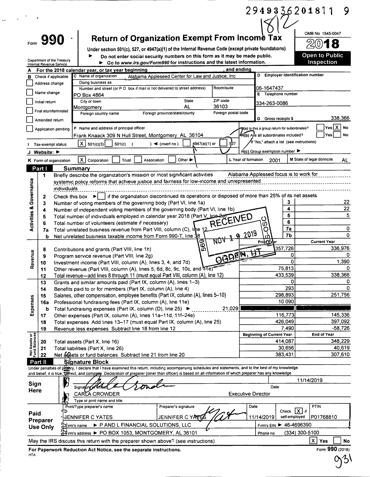 Image of first page of 2018 Form 990 for Alabama Appleseed Center for Law and Justice