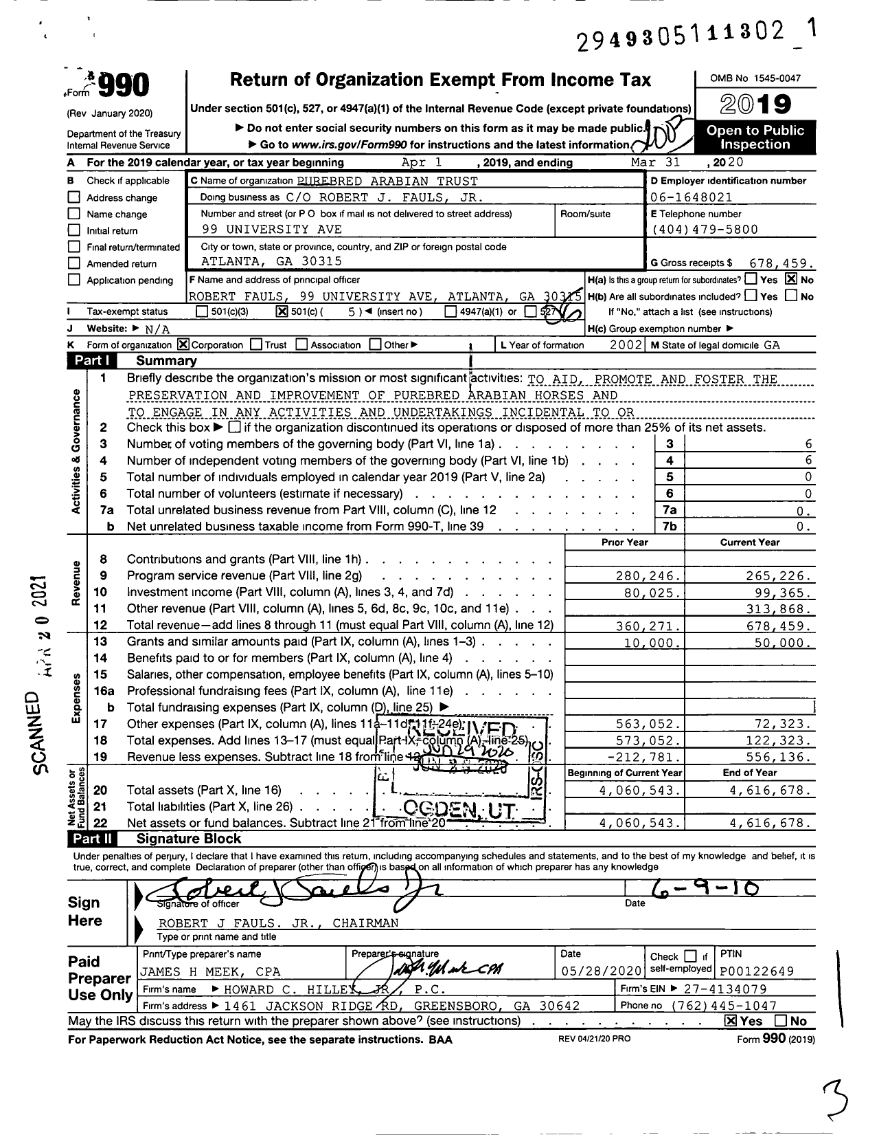 Image of first page of 2019 Form 990O for Purebred Arabian Trust