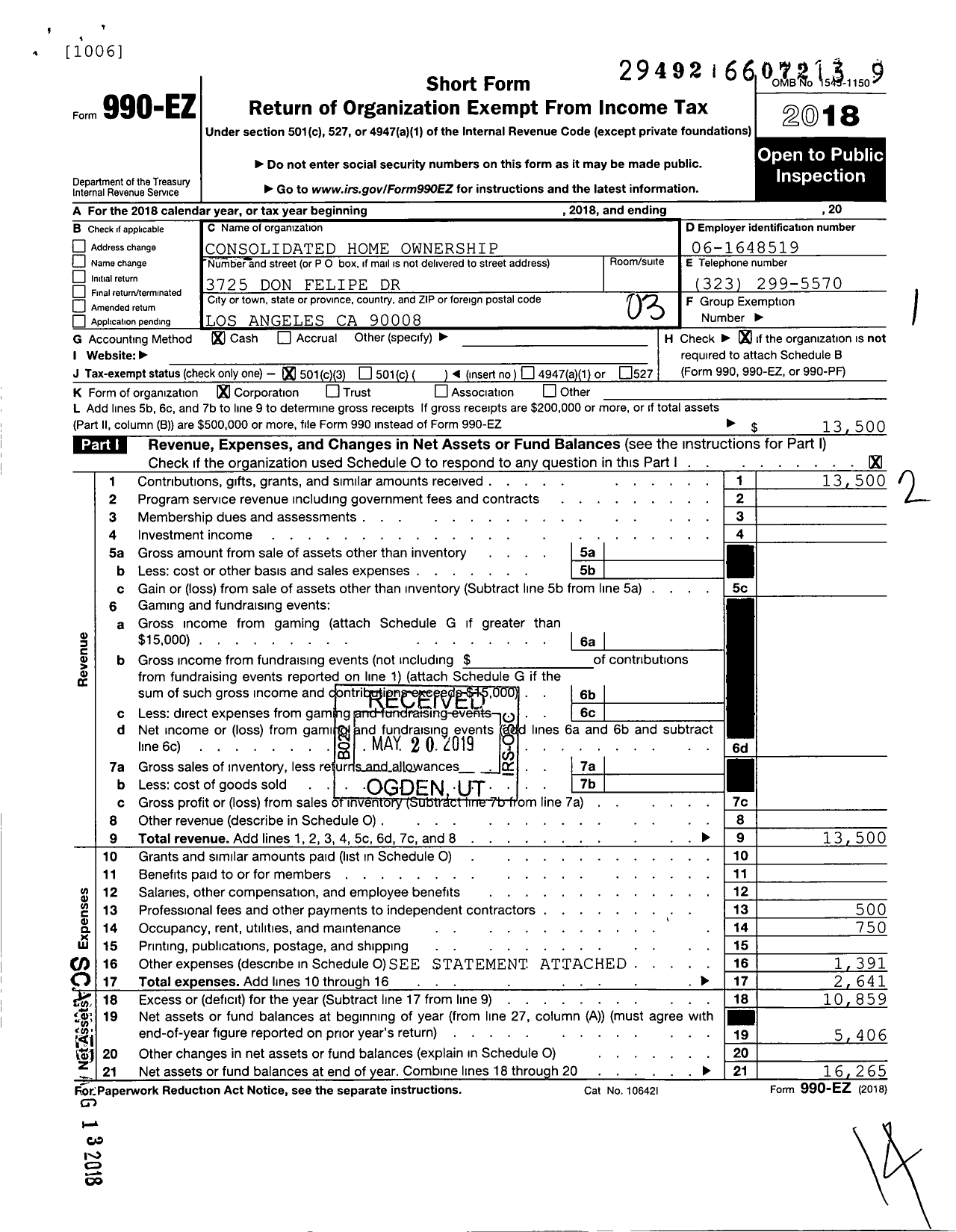 Image of first page of 2018 Form 990EZ for Consolidated Home Ownership
