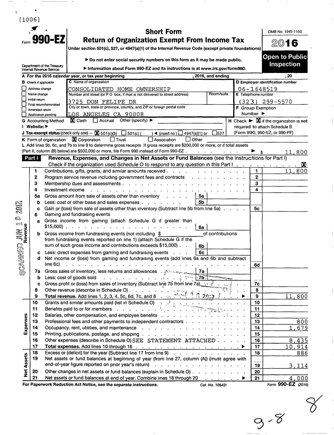 Image of first page of 2016 Form 990EZ for Consolidated Home Ownership