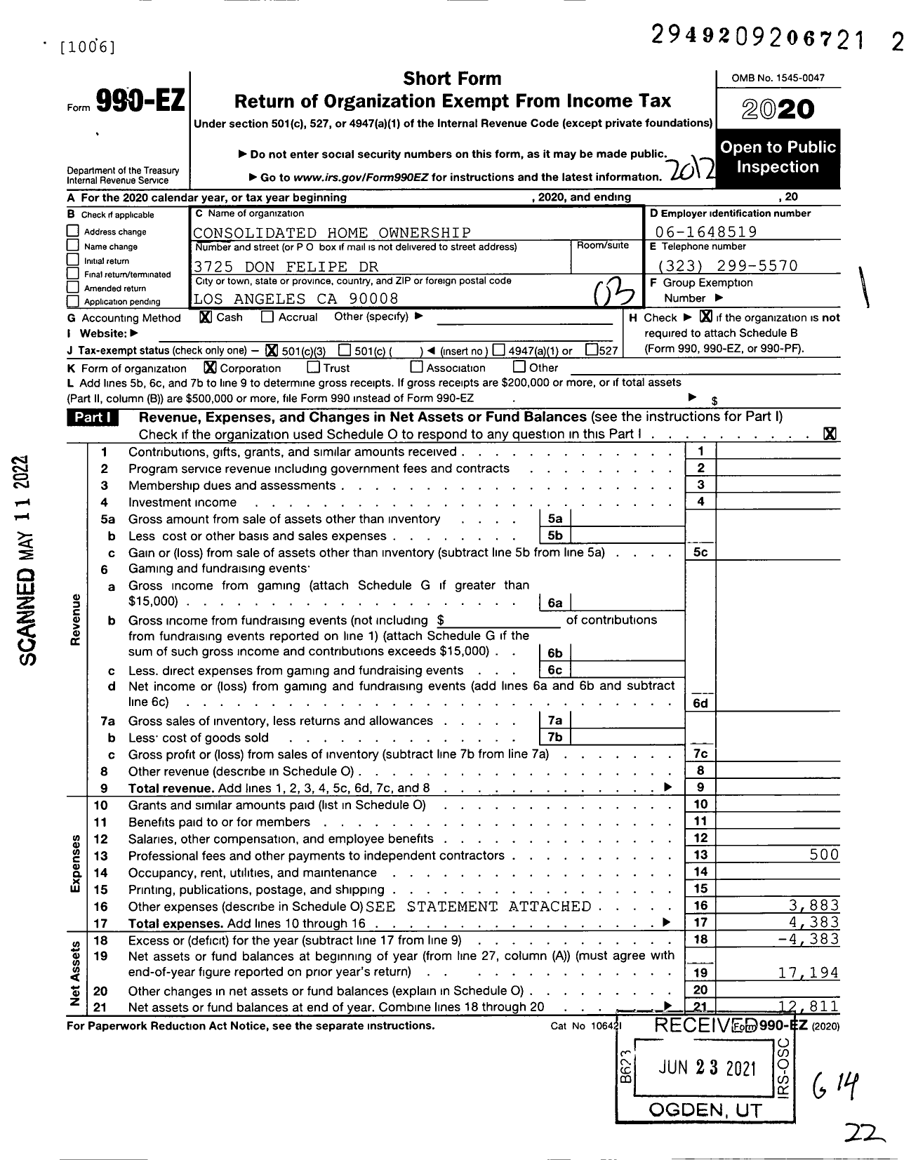 Image of first page of 2020 Form 990EZ for Consolidated Home Ownership