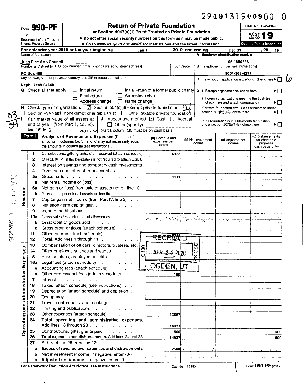 Image of first page of 2019 Form 990PF for Juab Fine Arts Council