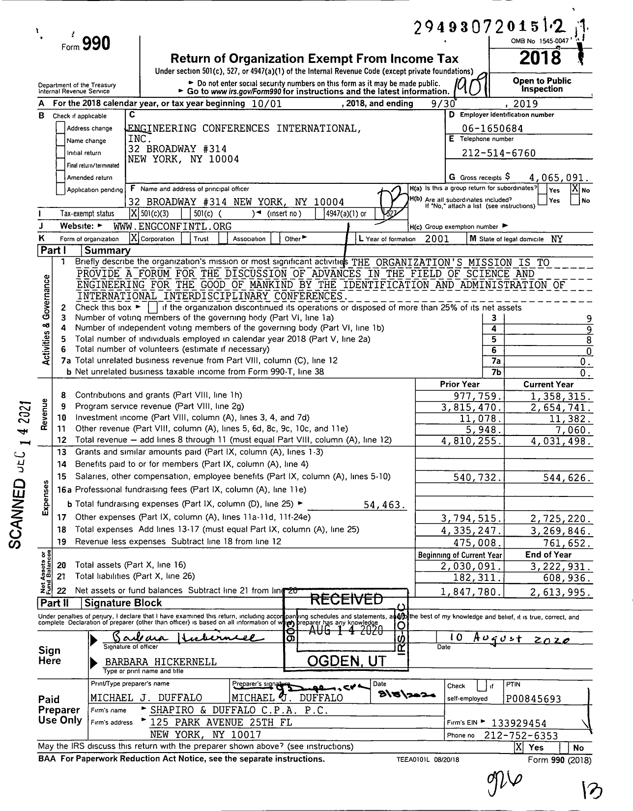 Image of first page of 2018 Form 990 for Engineering Conferences International (ECI)