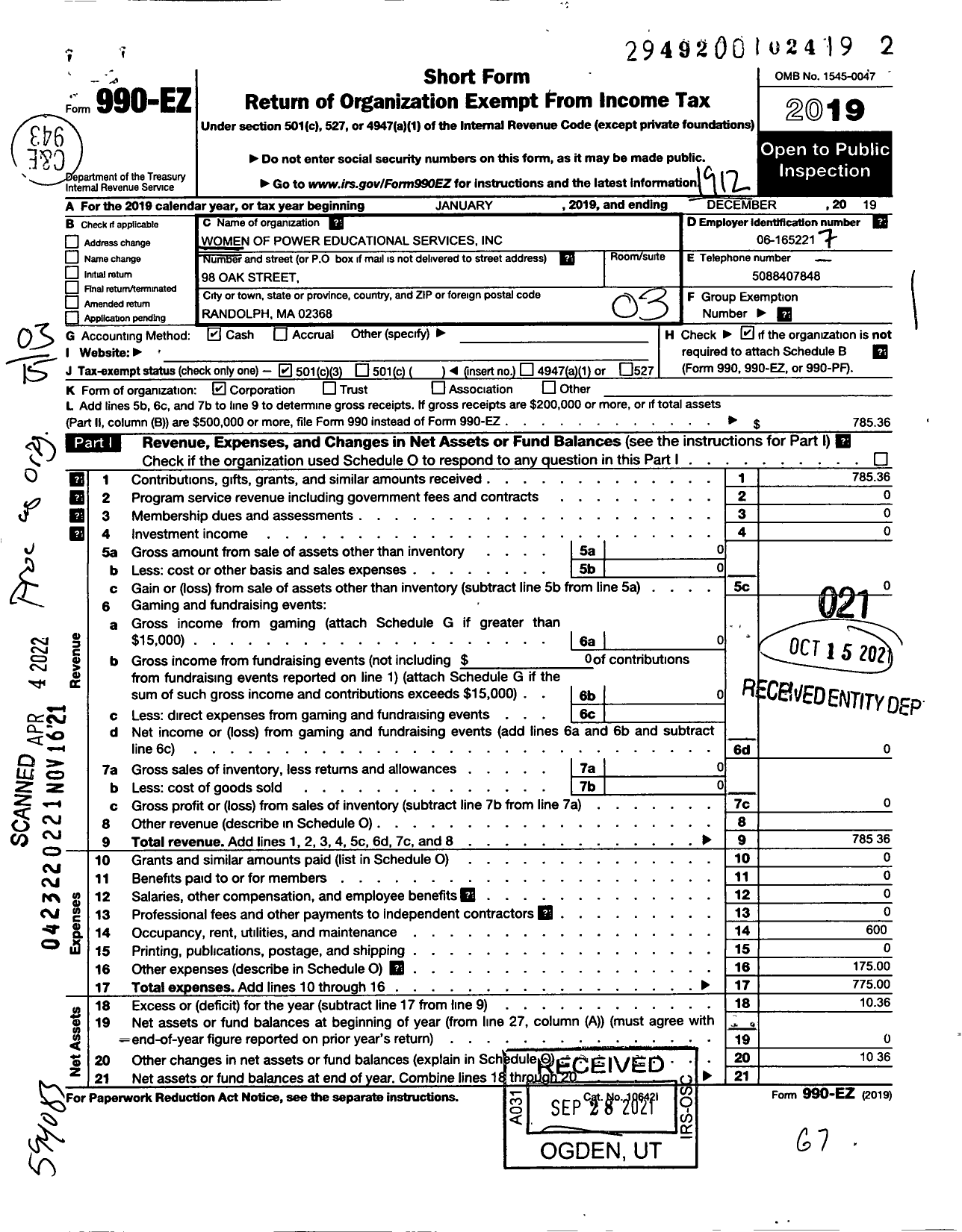 Image of first page of 2019 Form 990EZ for Women of Power Educational Services