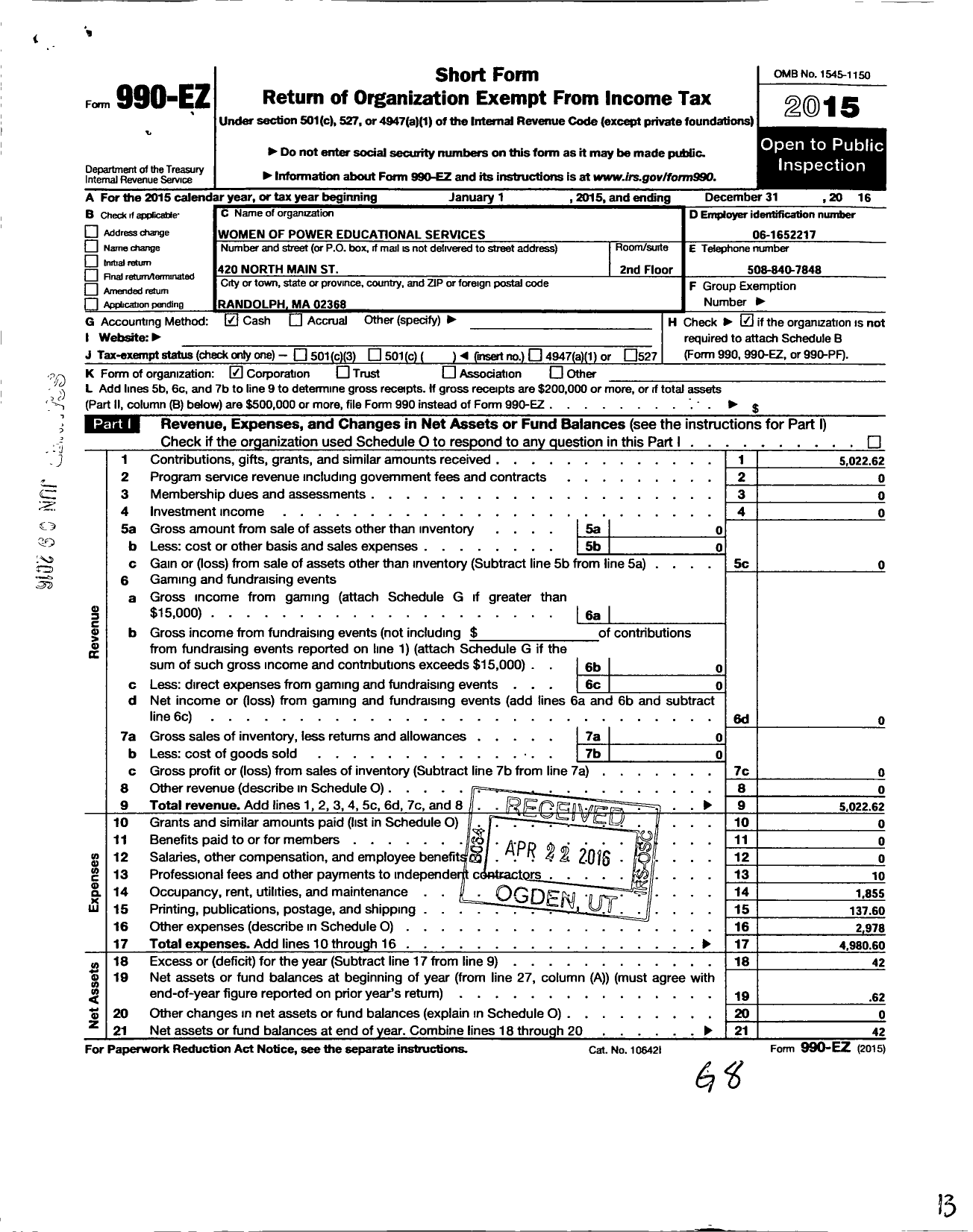 Image of first page of 2016 Form 990EO for Women of Power Educational Services