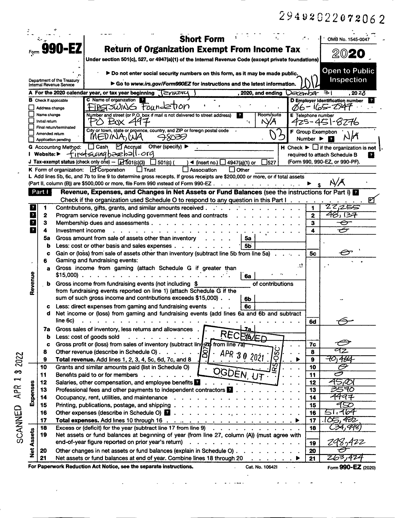 Image of first page of 2020 Form 990EZ for First Swing Foundation