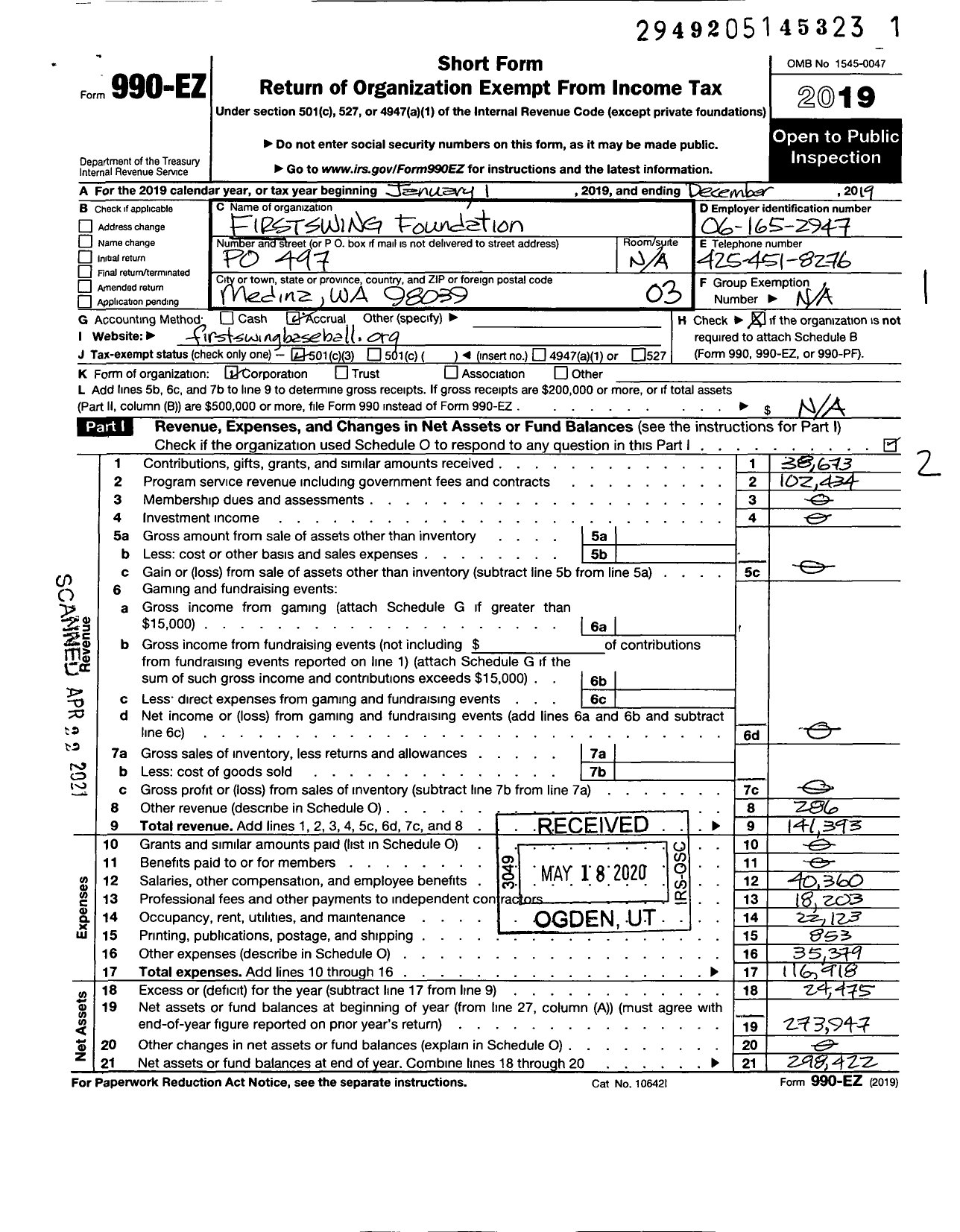 Image of first page of 2019 Form 990EZ for First Swing Foundation