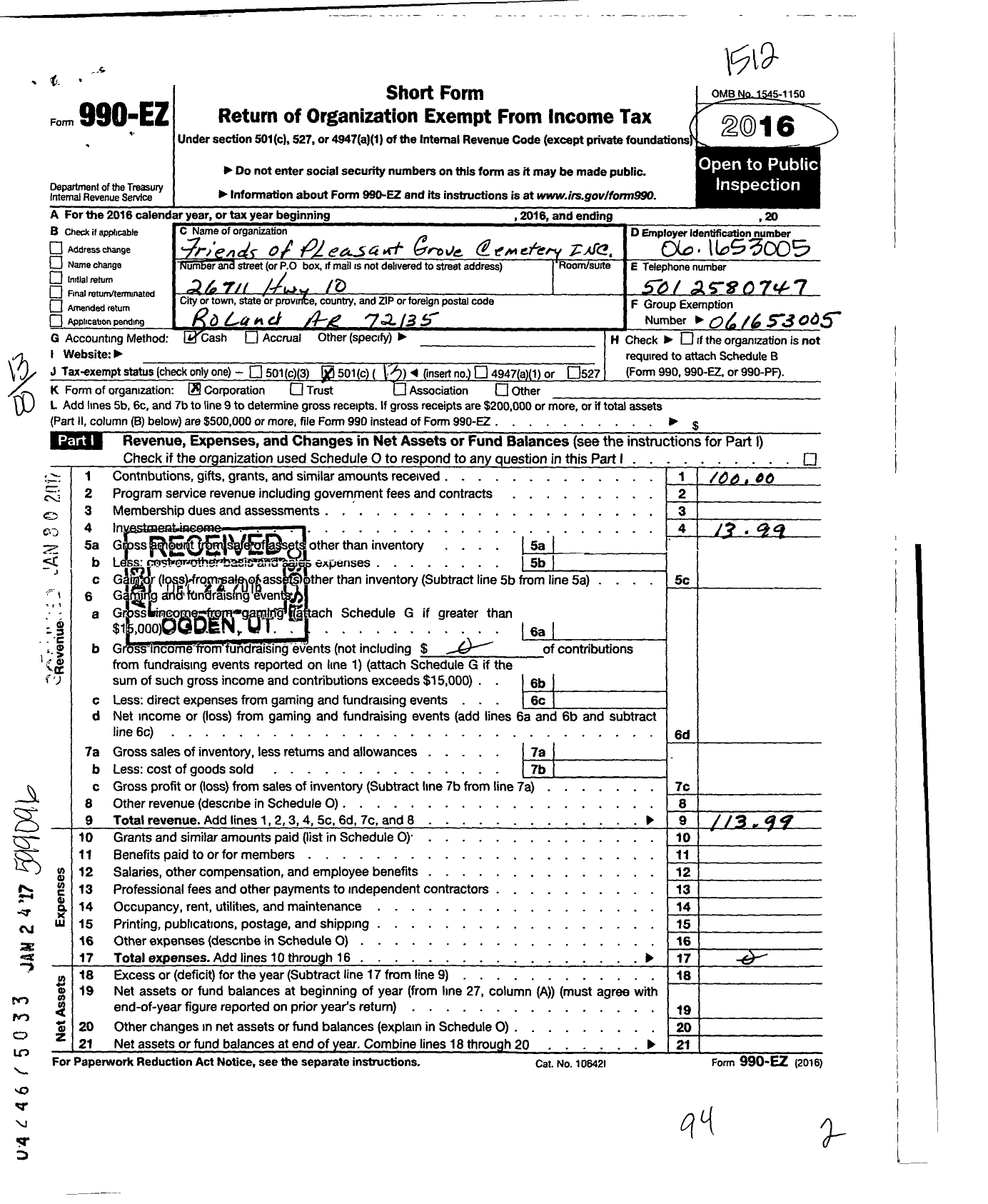 Image of first page of 2015 Form 990EO for Friends of Pleasant Grove Cemetery