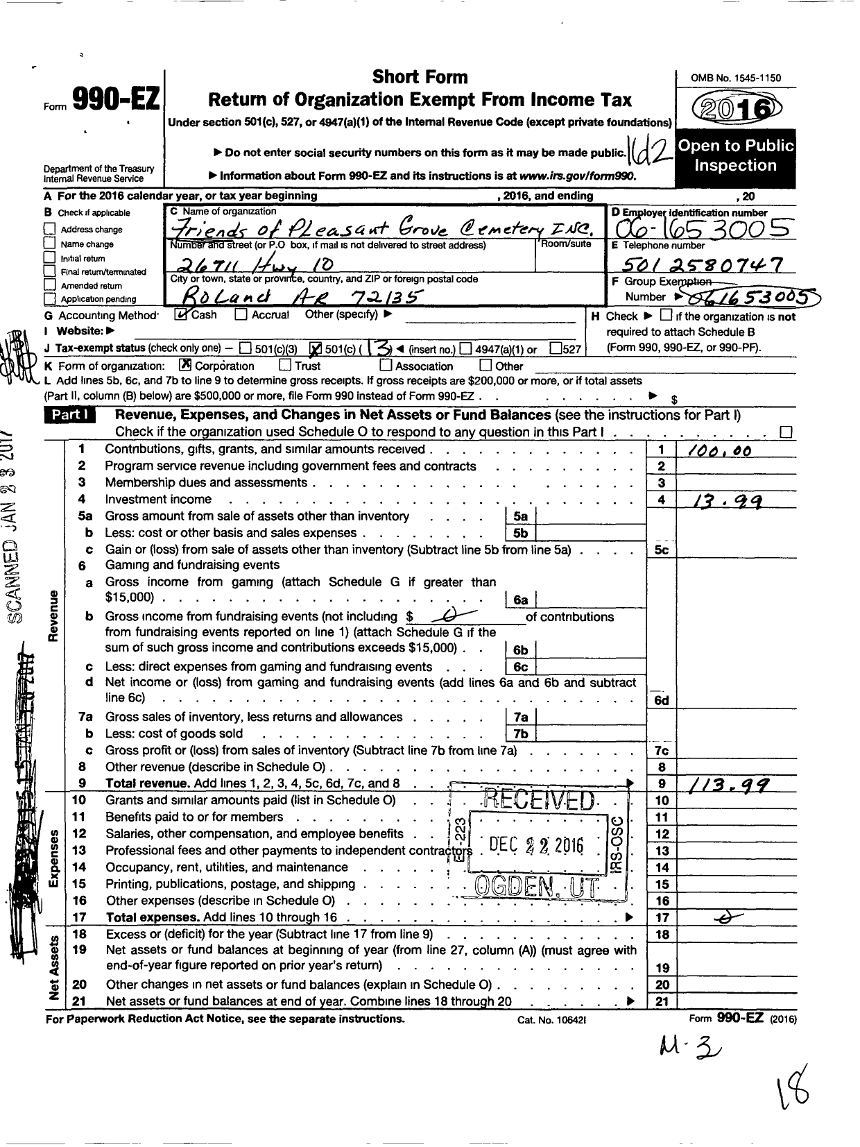 Image of first page of 2016 Form 990EO for Friends of Pleasant Grove Cemetery