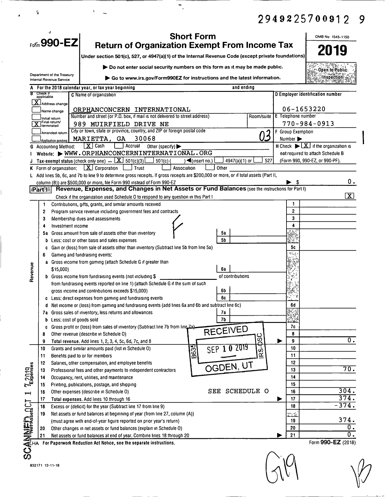 Image of first page of 2019 Form 990EZ for Orphanconcern International