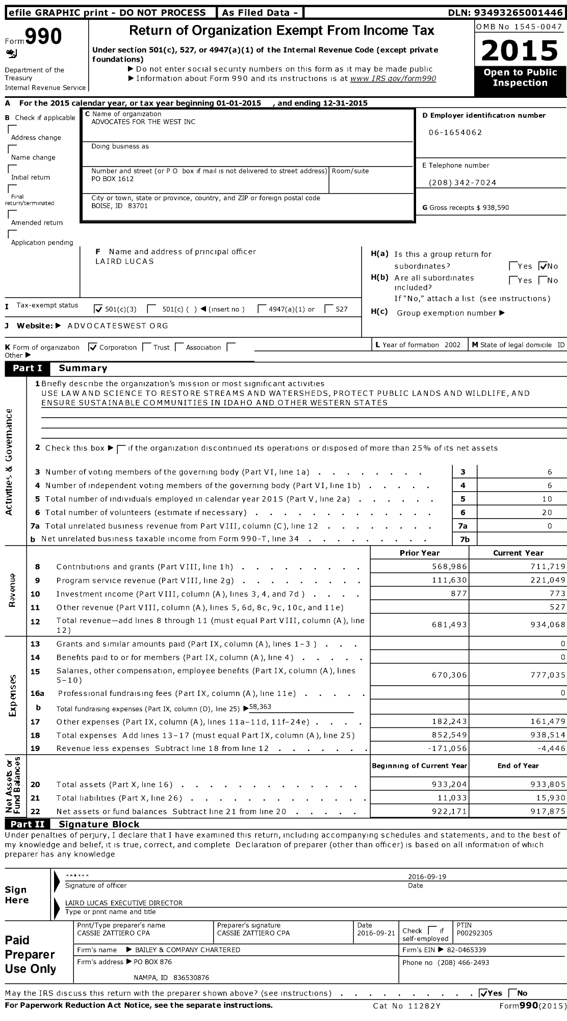 Image of first page of 2015 Form 990 for Advocates for the West