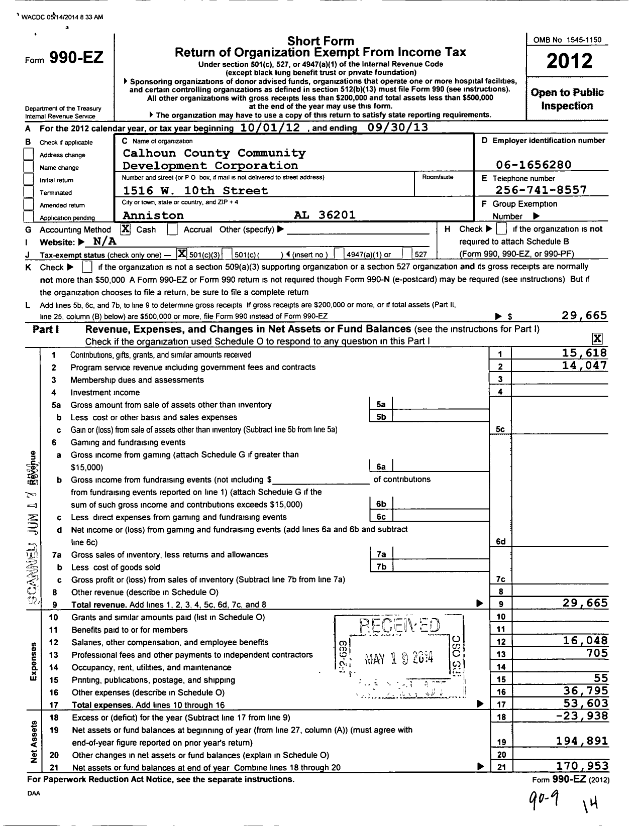 Image of first page of 2012 Form 990EZ for Calhoun County Community Development Corporation