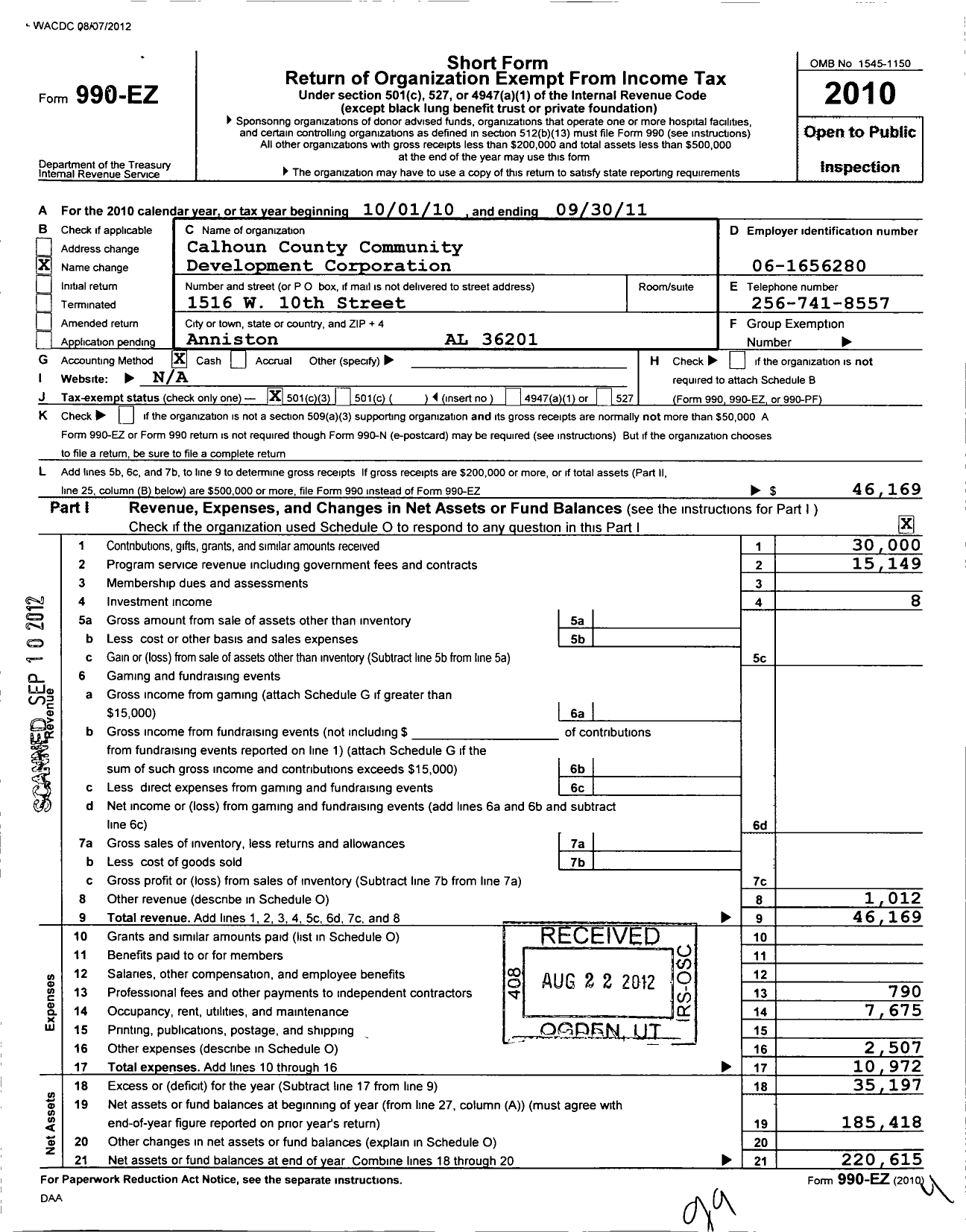 Image of first page of 2010 Form 990EZ for Calhoun County Community Development Corporation