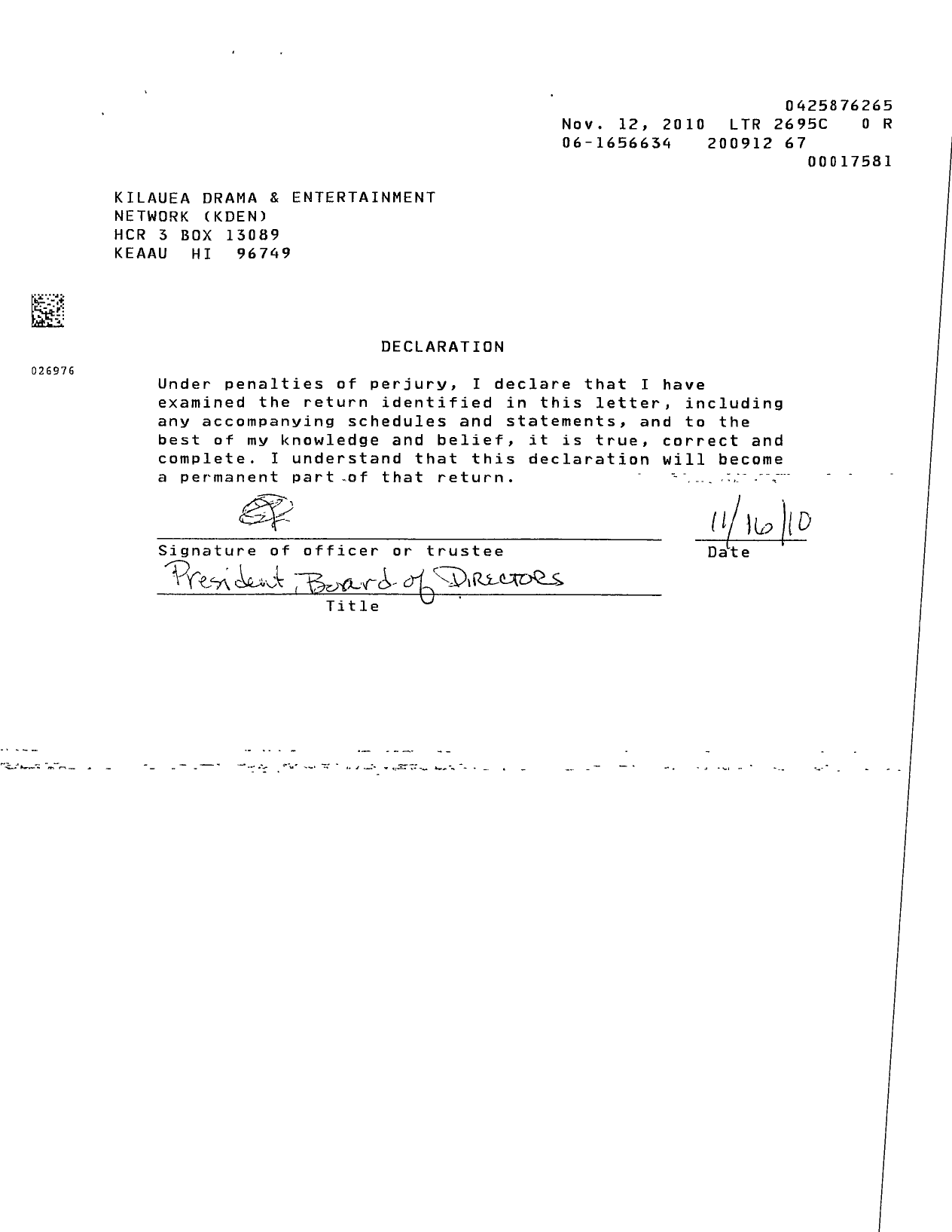 Image of first page of 2009 Form 990ER for Kilauea Drama and Entertainment Network (KDEN)