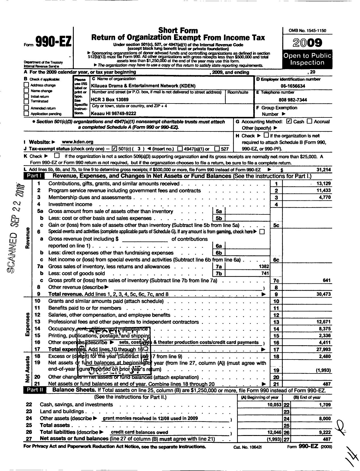 Image of first page of 2009 Form 990EZ for Kilauea Drama and Entertainment Network (KDEN)