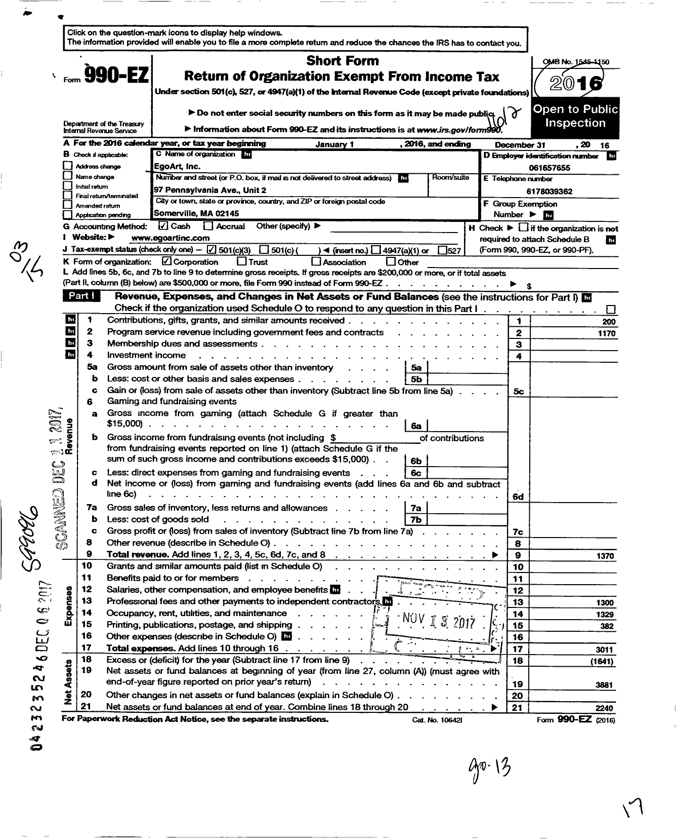 Image of first page of 2016 Form 990EZ for Egoart