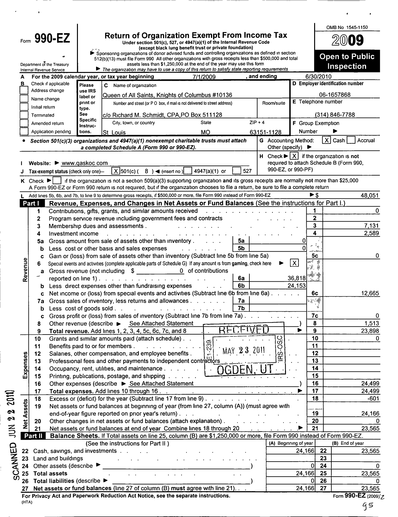 Image of first page of 2009 Form 990EO for Knights of Columbus Queen of all Saints council 10136