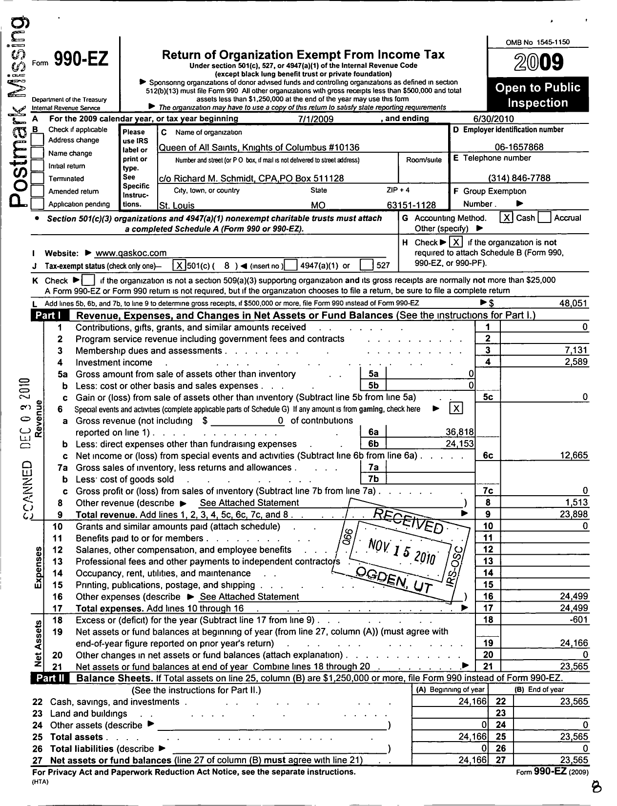 Image of first page of 2009 Form 990EO for Knights of Columbus Queen of all Saints council 10136