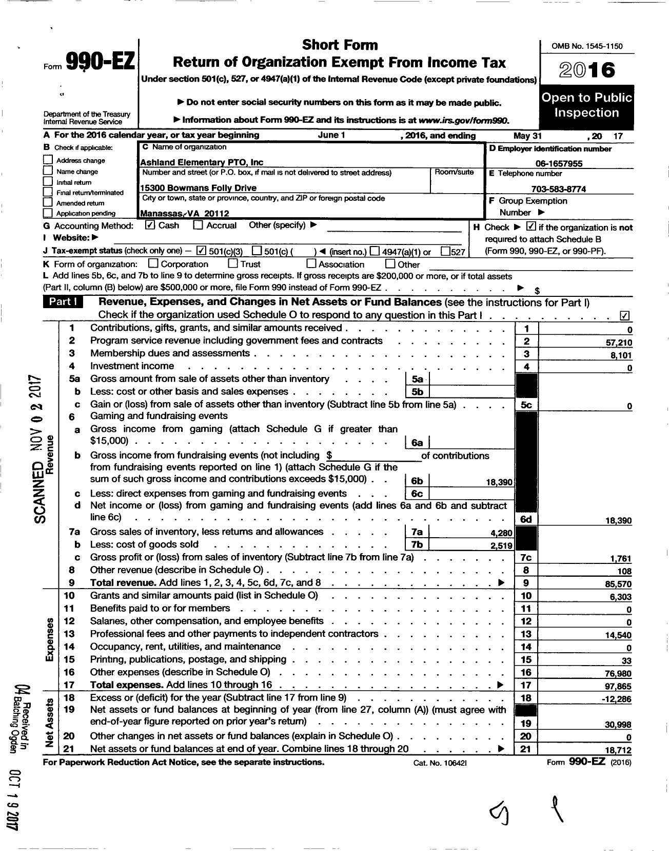 Image of first page of 2016 Form 990EZ for Ashland Elementary PTO