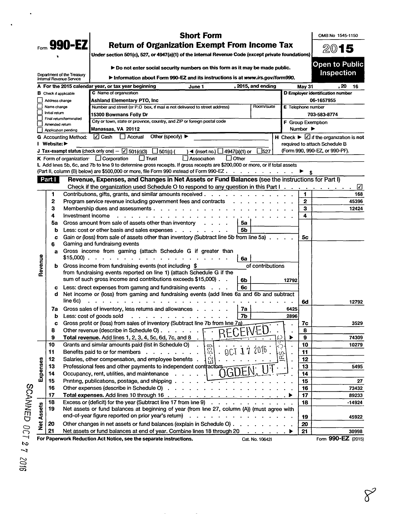 Image of first page of 2015 Form 990EZ for Ashland Elementary PTO