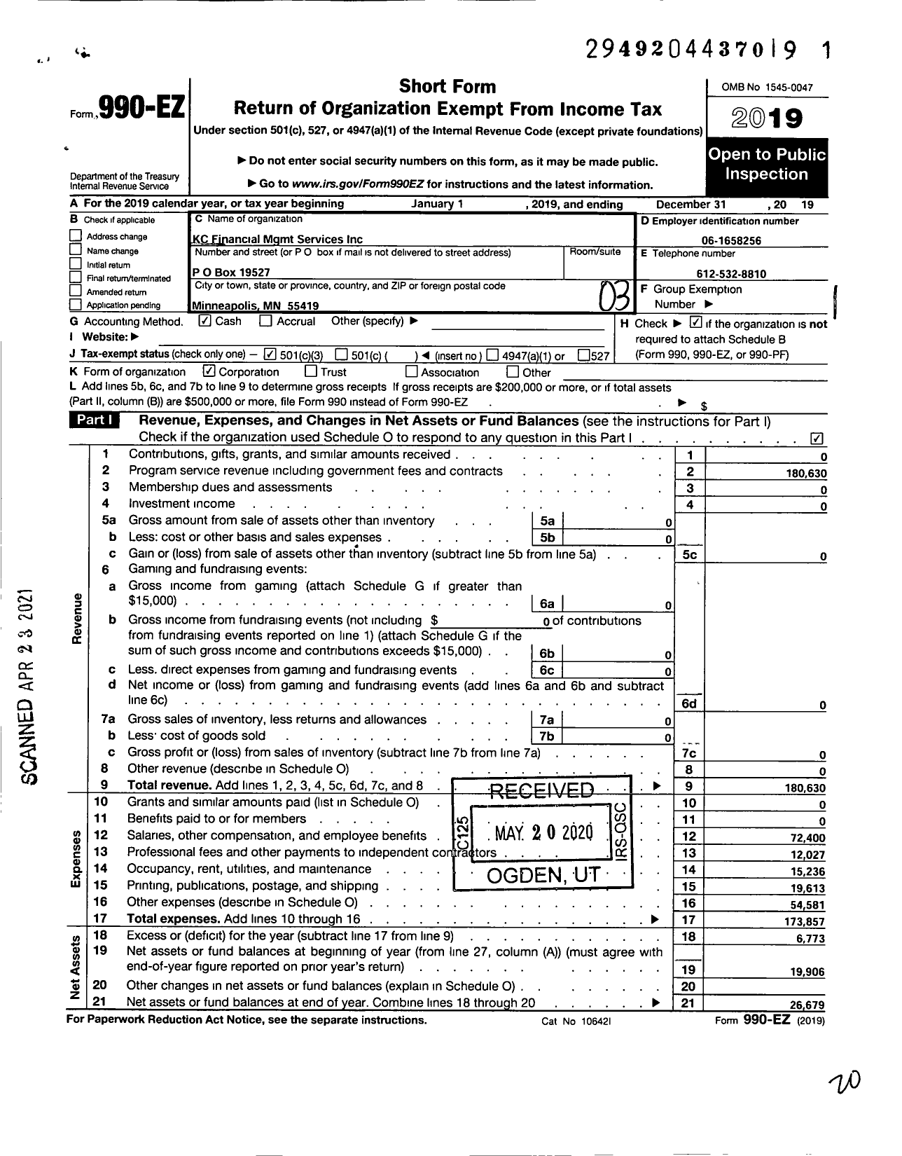 Image of first page of 2019 Form 990EZ for KC Financial MGMT Services