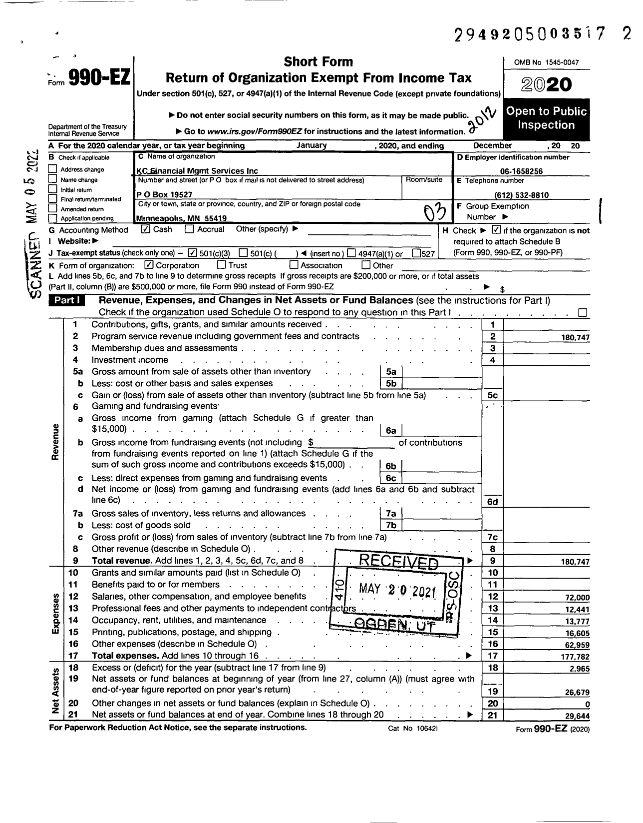 Image of first page of 2020 Form 990EZ for KC Financial MGMT Services