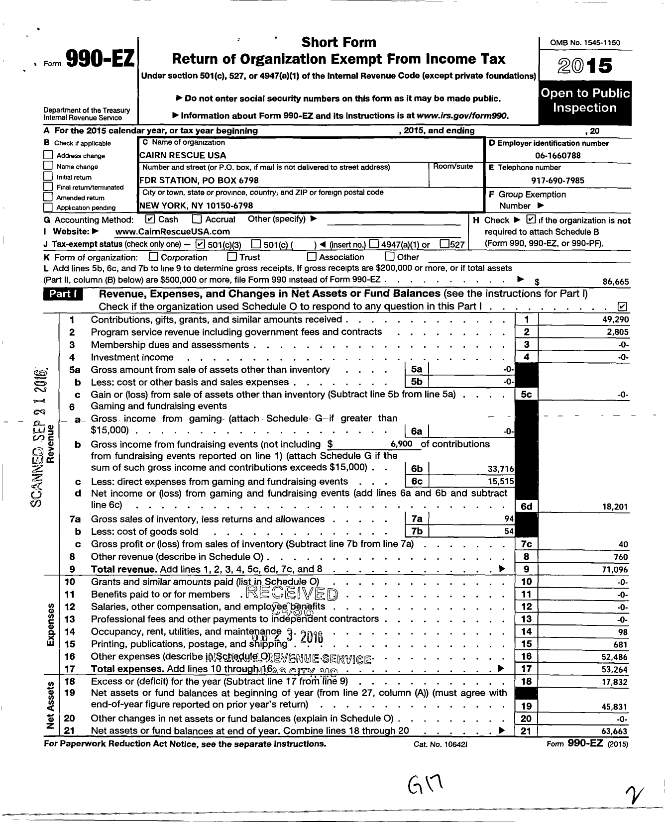 Image of first page of 2015 Form 990EZ for Cairn Rescue USA