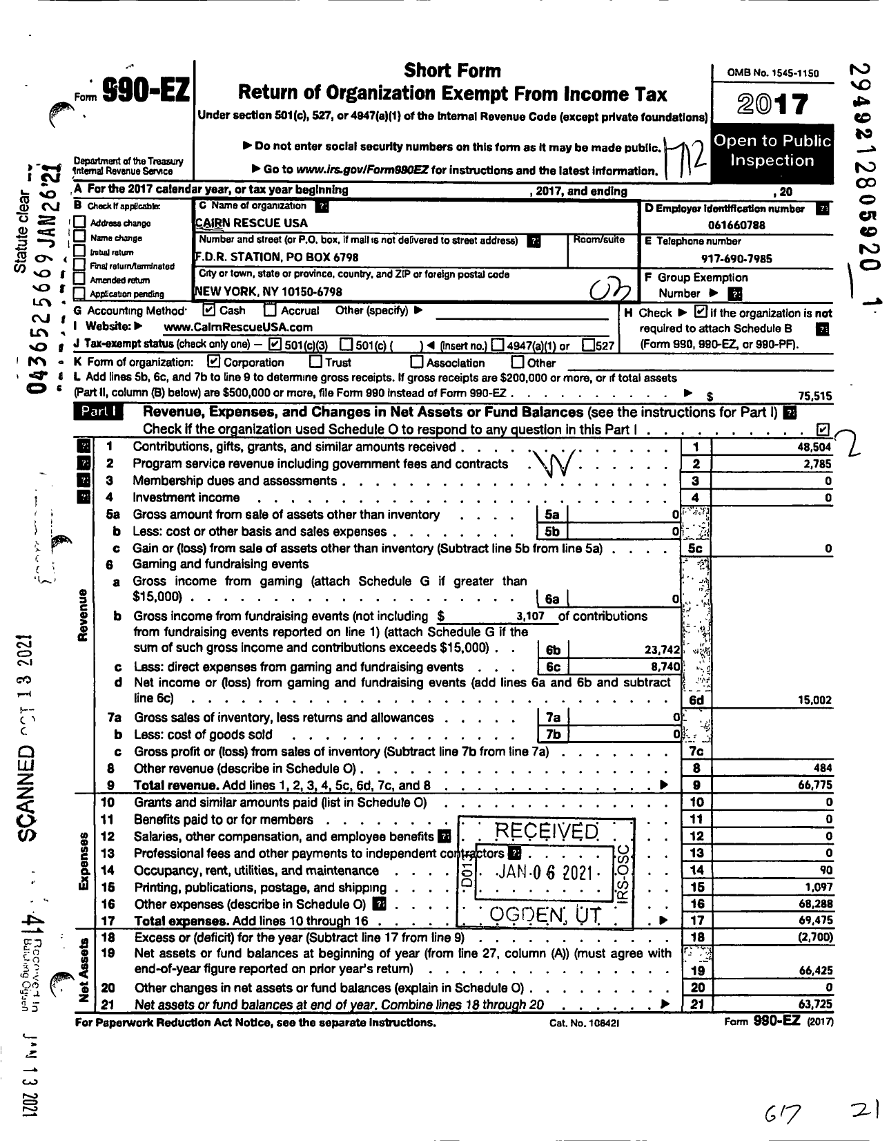 Image of first page of 2017 Form 990EZ for Cairn Rescue USA