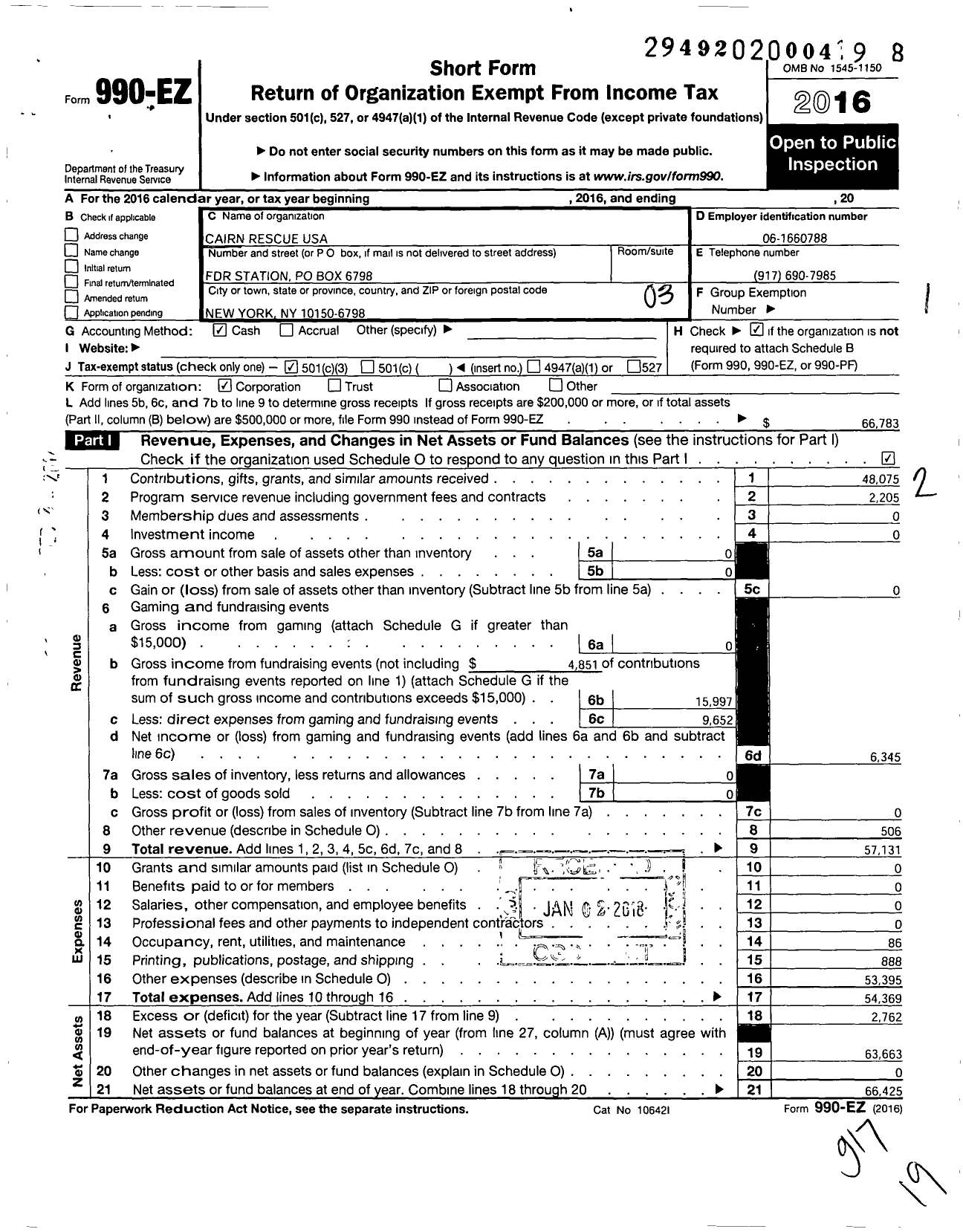 Image of first page of 2016 Form 990EZ for Cairn Rescue USA