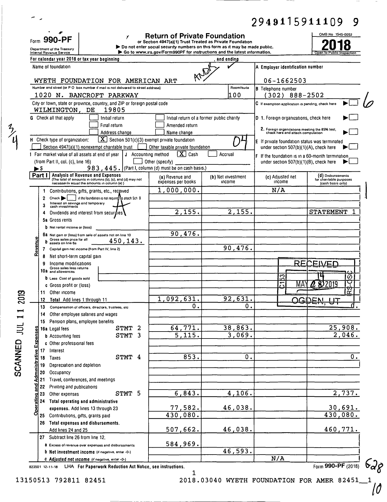 Image of first page of 2018 Form 990PF for Wyeth Foundation for American Art