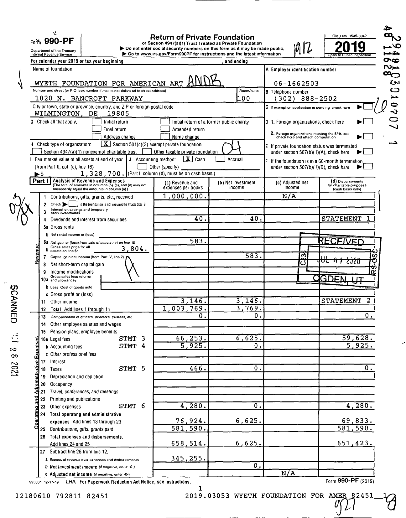 Image of first page of 2019 Form 990PF for Wyeth Foundation for American Art