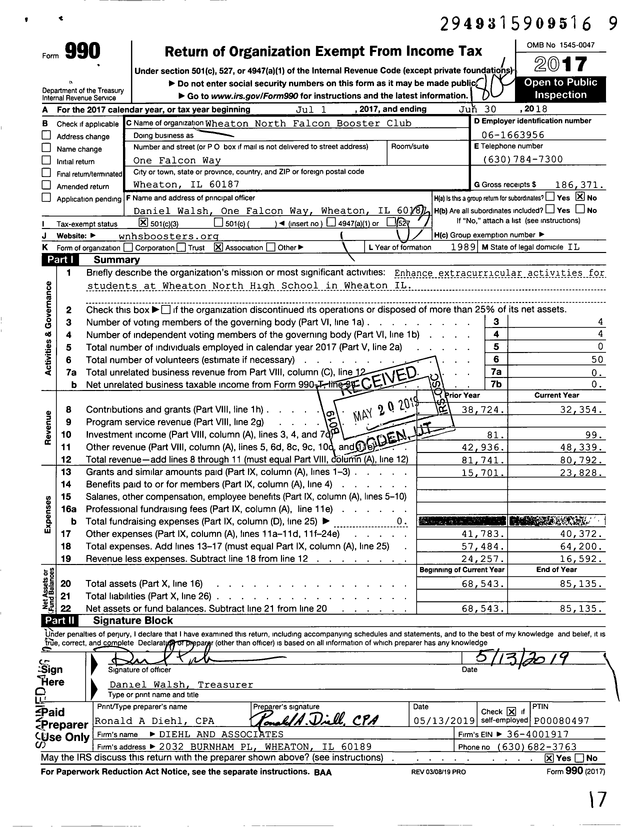 Image of first page of 2017 Form 990 for Falcon Booster Club